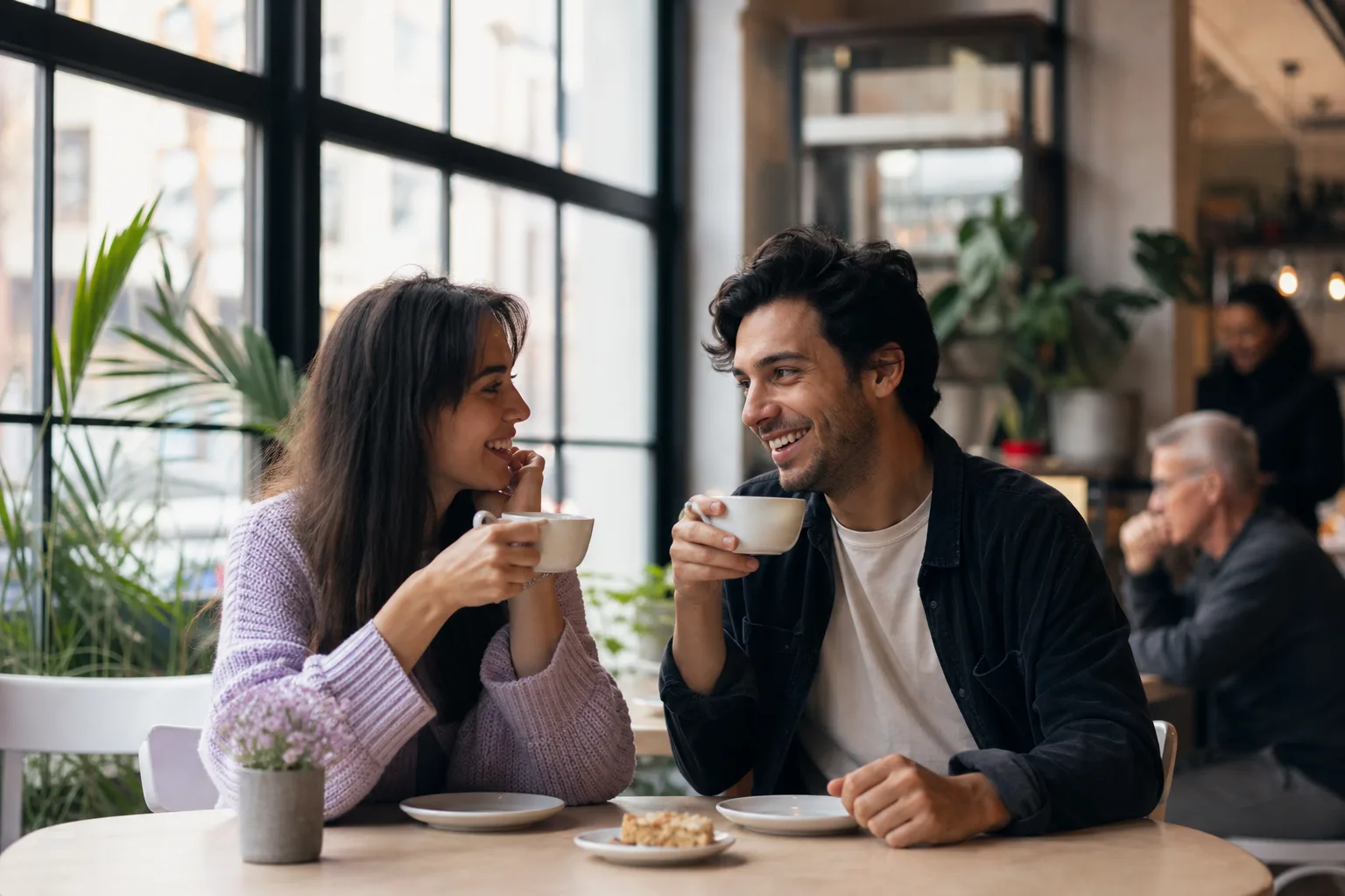 Two people chatting over coffee in Maidstone town centre