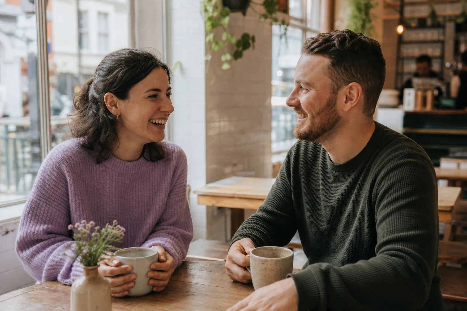 Two people talking over coffee in Maidstone town centre