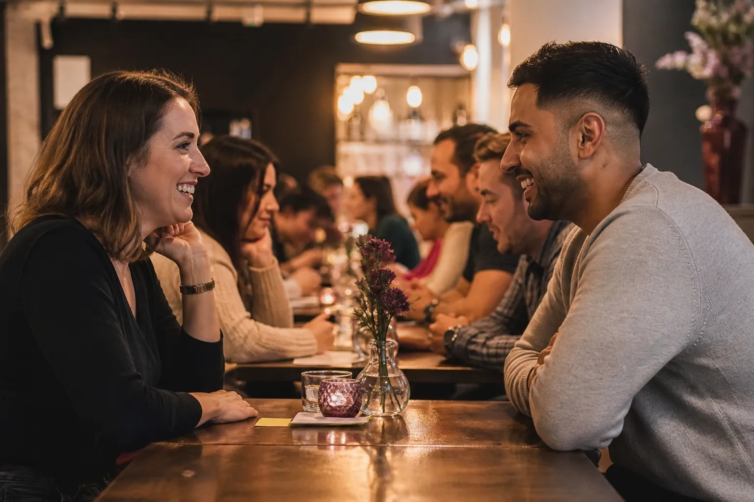Two people talking over drinks at a speed dating event in Maidstone