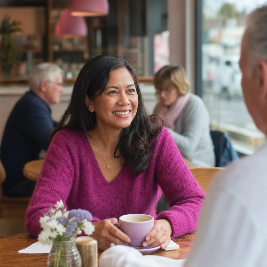 Mature woman creating a local dating profile at home