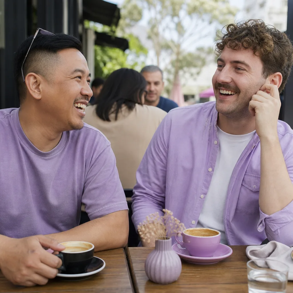 Two men checking a local dating profile together on a phone