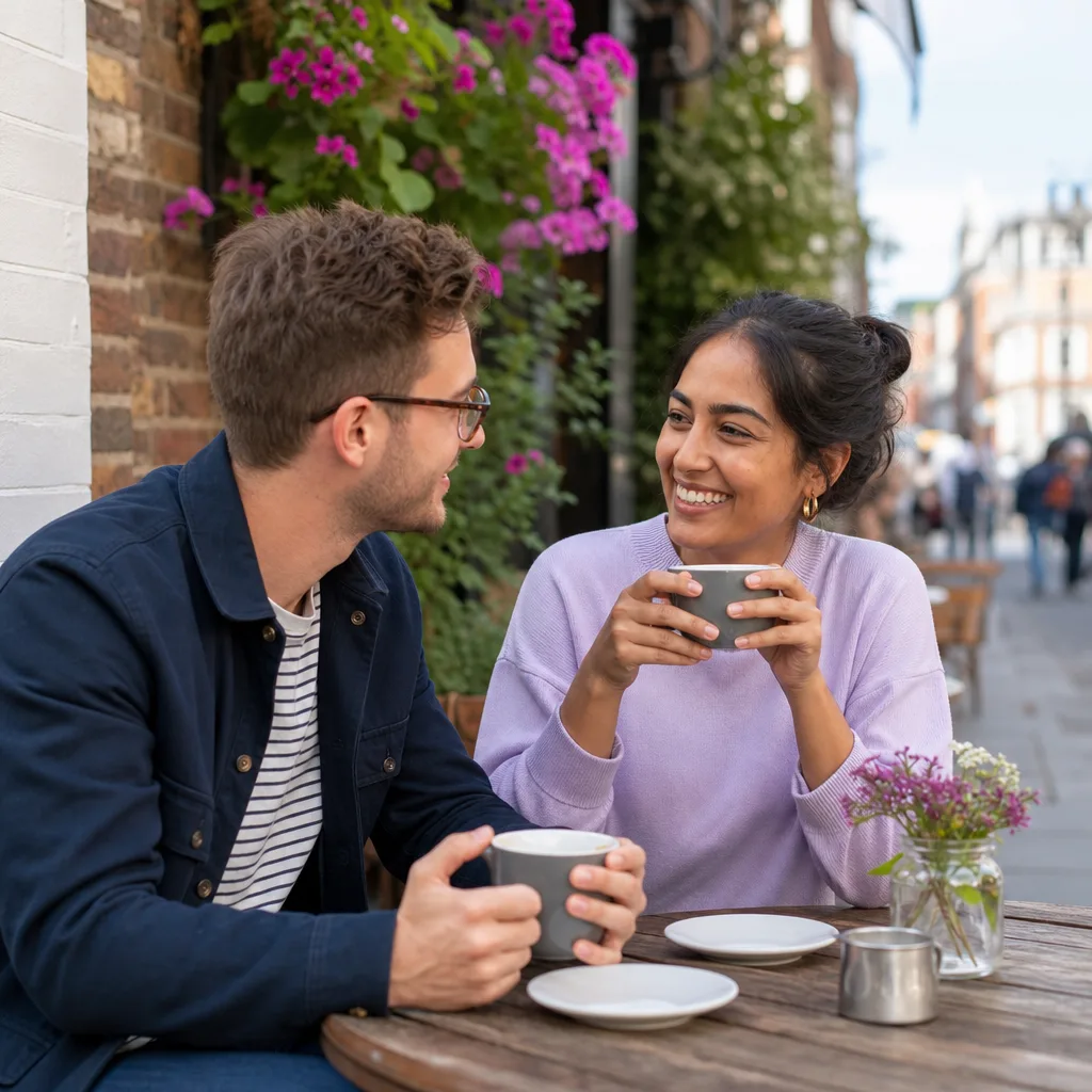 Two adults chatting at a busy public venue in central Maidstone