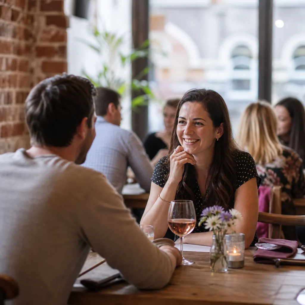 A couple having a relaxed conversation at a table in Maidstone