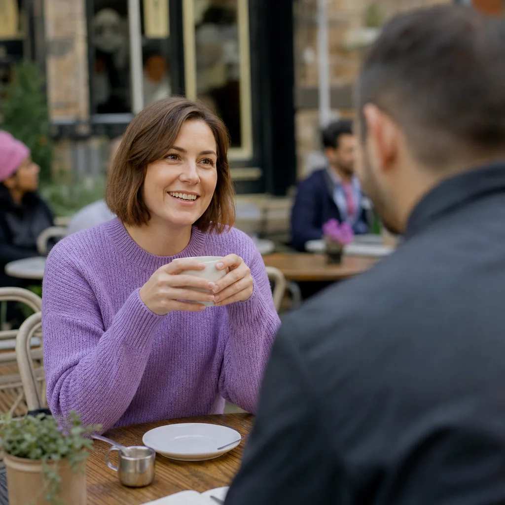 Two adults having a relaxed conversation in a Maidstone coffee shop